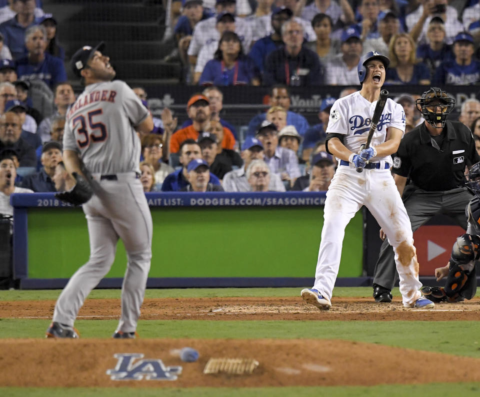 Los Angeles Dodgers’ Corey Seager celebrates after a two-run home run off Houston Astros starting pitcher Justin Verlander during the sixth inning of Game 2 of baseball’s World Series. (AP Photo/Mark J. Terrill)