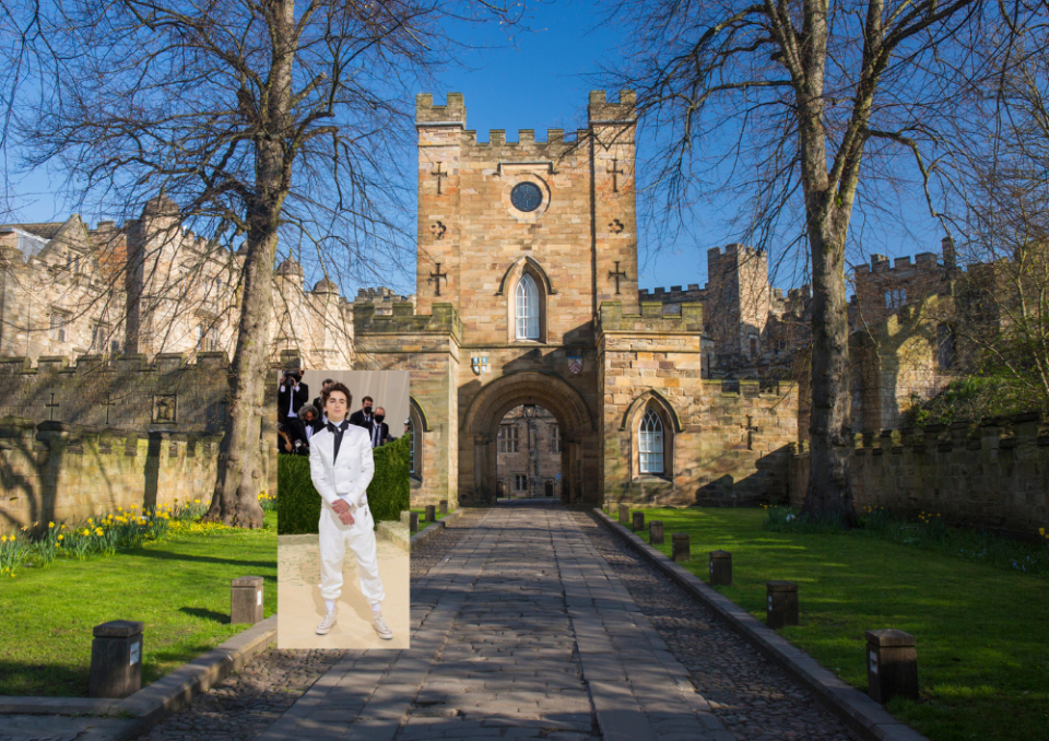 A shot of Timmy on the red carpet superimposed in front of a chateau-y building