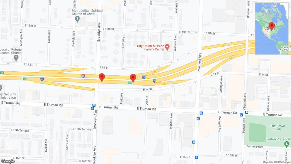 A detailed map that shows the affected road due to 'Broken down vehicle on eastbound I-70 in Kansas City' on October 16th at 9:56 p.m.