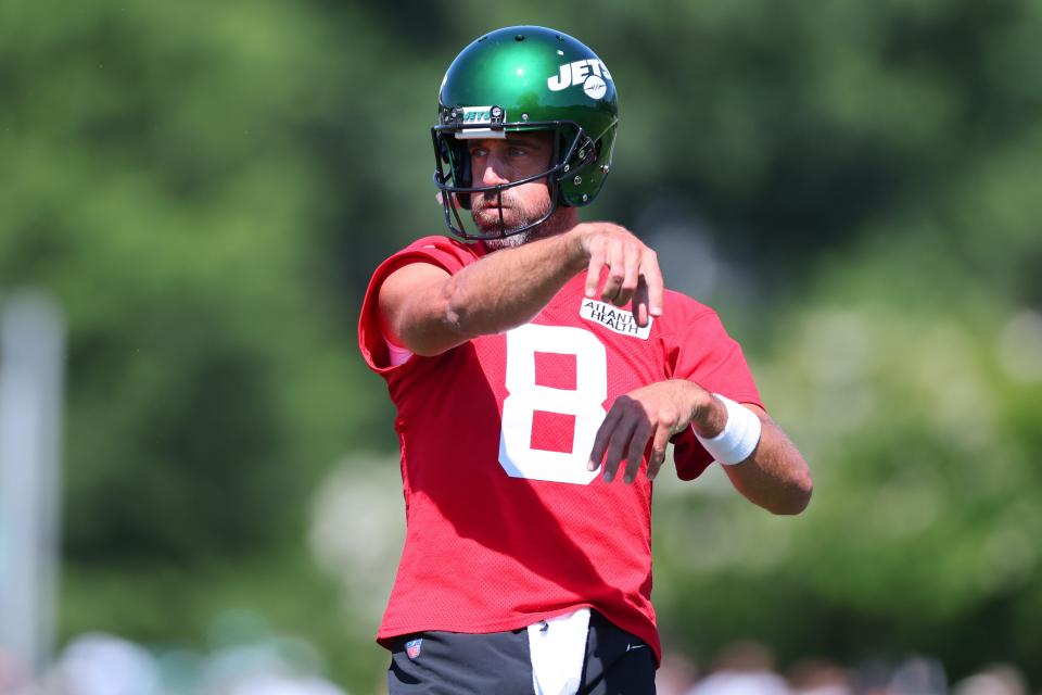 New York Jets quarterback Aaron Rodgers (8) participates in drills during the New York Jets Training Camp at Atlantic Health Jets Training Center.