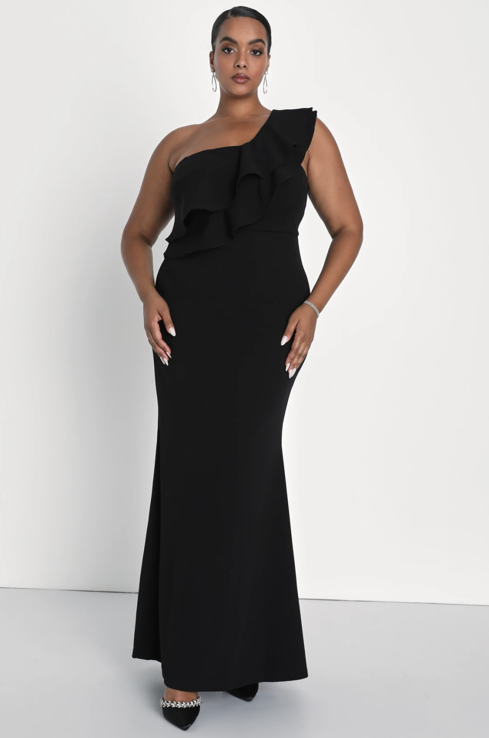 Grand Beauty Black Ruffled One-Shoulder Mermaid Maxi Dress (Photo via Lulus)