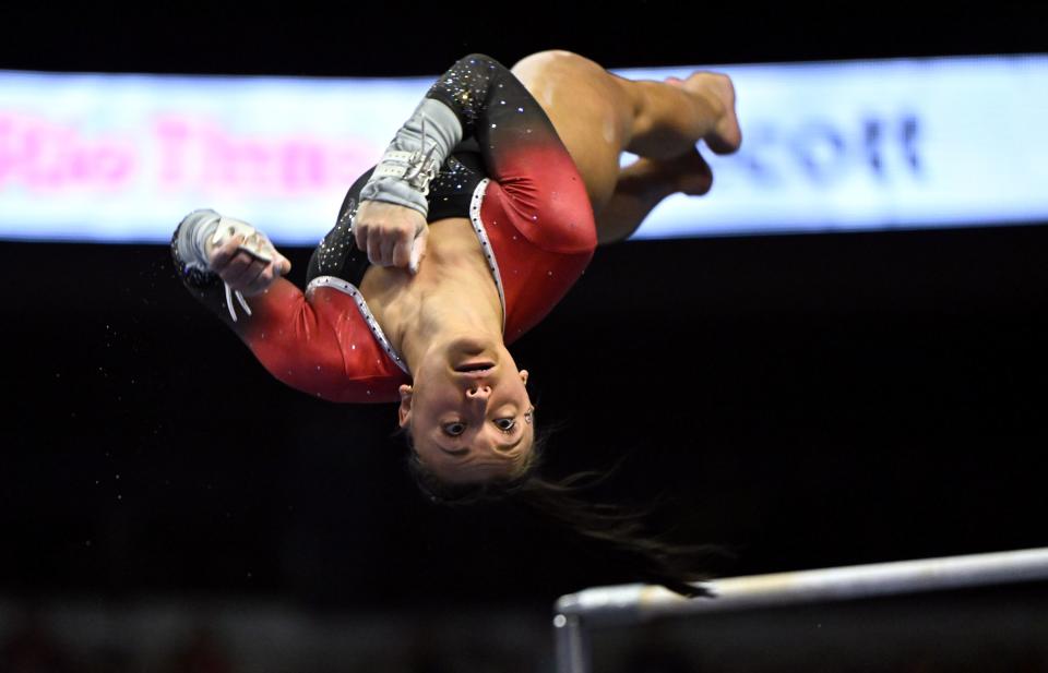 SUU’s Aubri Schwartze dismounts during her bars routine as BYU, Utah, SUU and Utah State meet in the Rio Tinto Best of Utah Gymnastics competition at the Maverick Center in West Valley City on Monday, Jan. 15, 2024. | Scott G Winterton, Deseret News