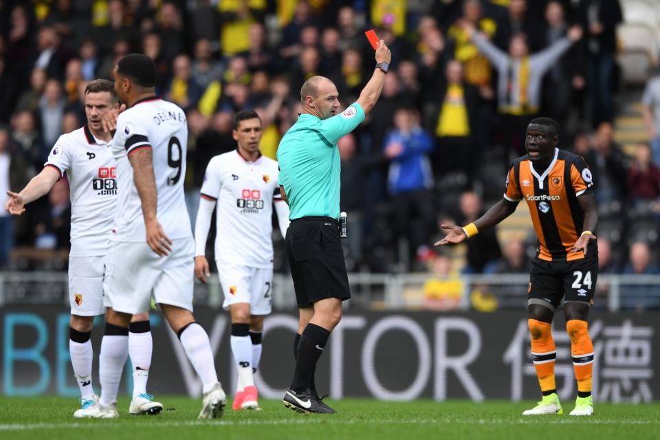 <p>Oumar Niasse sees red for relegation-threatened Hull in the early exchanges of the crucial clash against Watford </p>