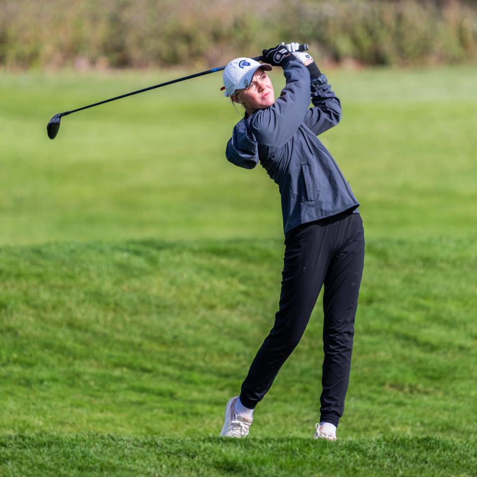 Brookfield East's Payton Haugen drives off tee No. 1 during day two of the the 2023 WIAA state girls golf tournament at University Ridge in Madison on Tuesday, October 10.