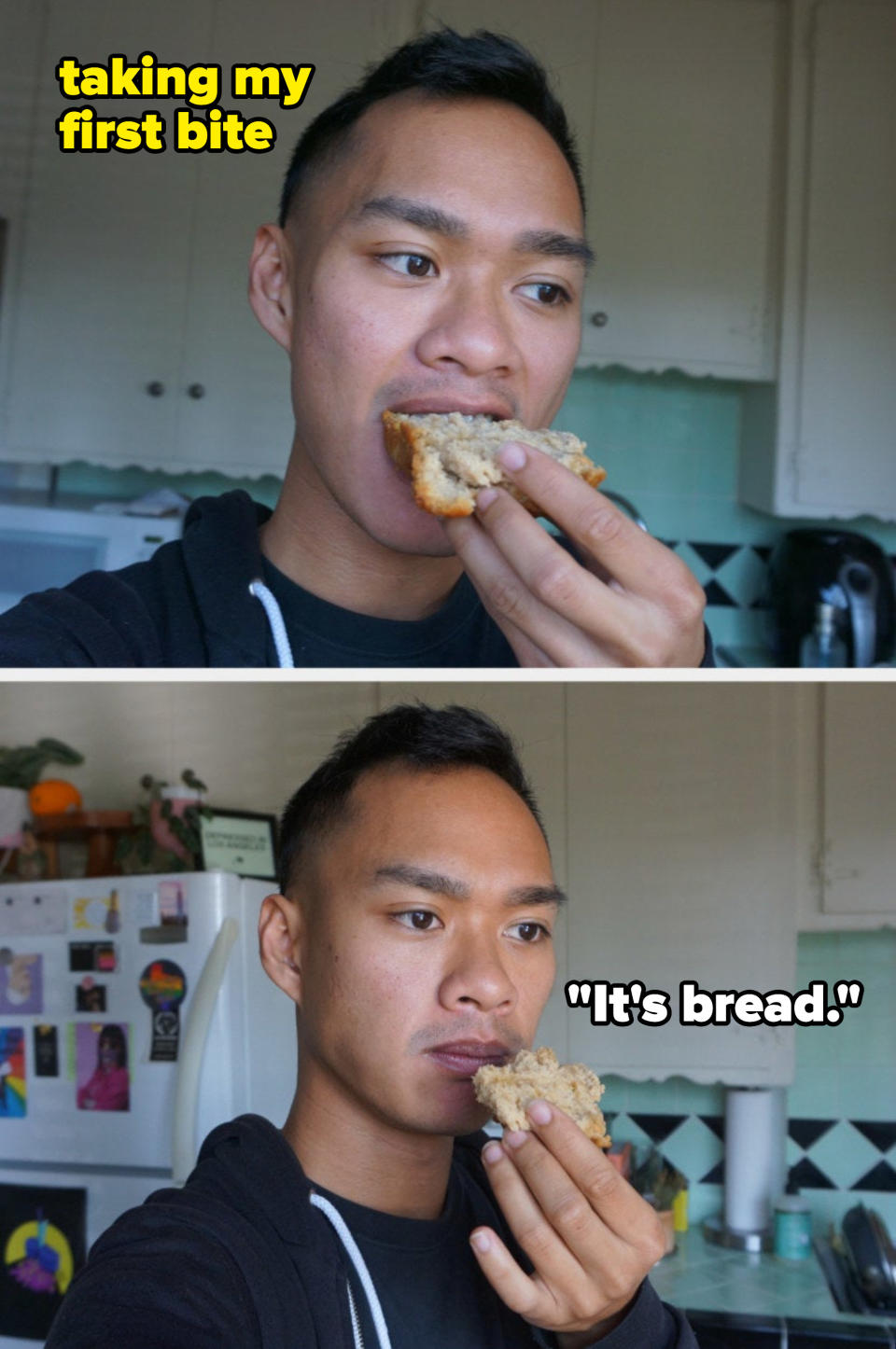 Author trying the bread and being unimpressed