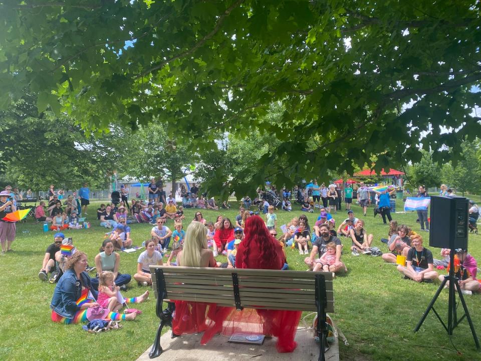 A drag queen storytime event was featured at the 2024 Oakridge Pride event.