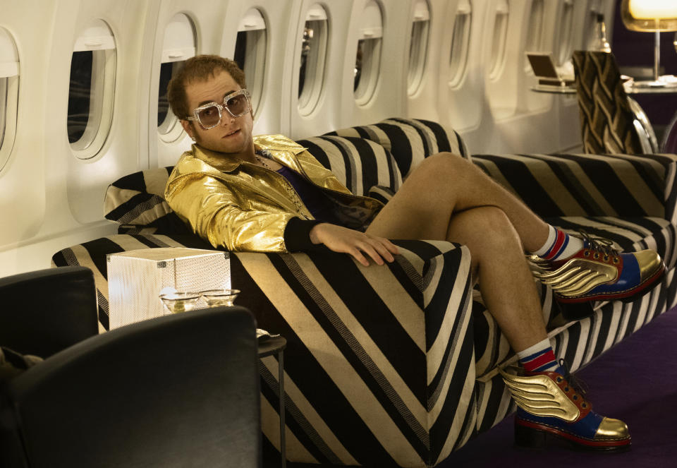 This image released by Paramount Pictures shows Taron Egerton as Elton John in a scene from "Rocketman." (David Appleby/ Paramount Pictures via AP)