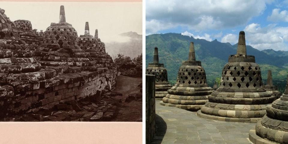 A side by side comparison of the bells at Borobudur temple before and after restoration.