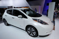 A Nissan Leaf electric car is displayed at the North American International Auto Show in Detroit, U.S., January 12, 2016. REUTERS/Mark Blinch/File Photo