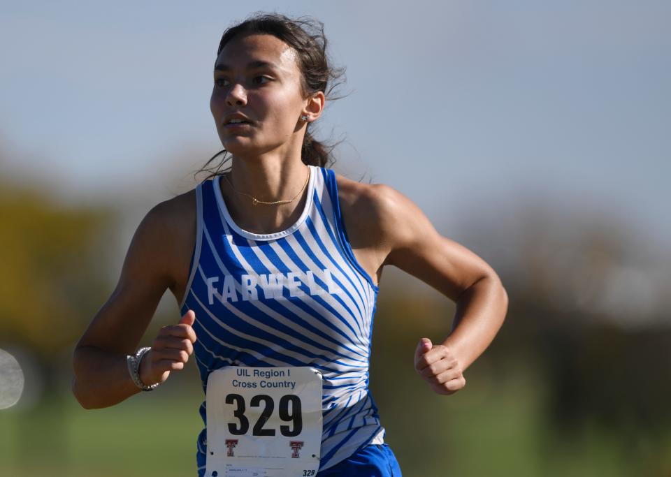 Farwell's Isabella Jaime competes in the UIL Region I-2A girls cross country meet, Tuesday, Oct. 24, 2023, at Mae Simmons Park.