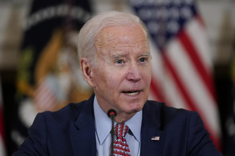 FILE - President Joe Biden speaks during a meeting with the President's Council of Advisors on Science and Technology in the State Dining Room of the White House, Tuesday, April 4, 2023, in Washington. The Biden administration will propose new automobile pollution limits this week that would require at least 54% of new vehicles sold in the U.S. to be electric by 2030, ramping up quickly to as high as 67% by 2032. That's according to three people briefed on the plan. (AP Photo/Patrick Semansky, File)