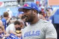 FILE - Buffalo Bills linebacker Von Miller (40) walks onto the field for warm-ups before an NFL preseason football game against the Indianapolis Colts, Saturday, Aug. 12, 2023, in Orchard Park, N.Y. Bills top pass-rusher Von Miller will open the season on the physically unable to perform list in allowing him to continue recovering from a torn right knee ligament, a person with direct knowledge of the decision told The Associated Press on Tuesday, Aug. 29. (AP Photo/Gary McCullough, File)