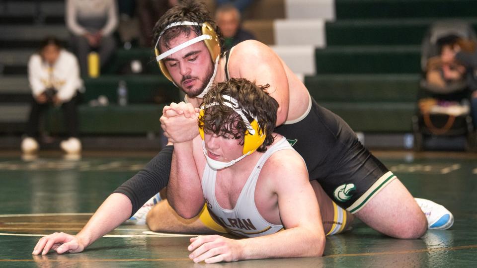 Seneca's Anthony Fedeli, top, controls Delran's Michael Viereck during the 215 lb. bout of the wrestling meet held at Seneca High School on Wednesday, January 3, 2024. Fedeli defeated Viereck, 11-0.