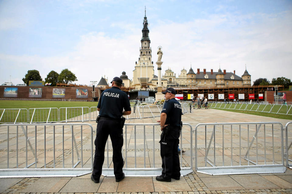 <p>Police officers are seen during preparations for the arrival of Pope Francis at Jasna Gora Monastery in Czestochowa, Poland July 27, 2016. (Agencja Gazeta/Grzegorz Skowronek/via REUTERS)</p>