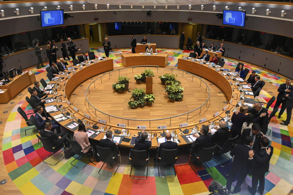 European Union leaders meet during a round table at an EU summit in Brussels, Thursday, Feb. 20, 2020. After almost two years of sparring, the EU will be discussing the bloc's budget to work out Europe's spending plans for the next seven years. (AP Photo/Riccardo Pareggiani, Pool)