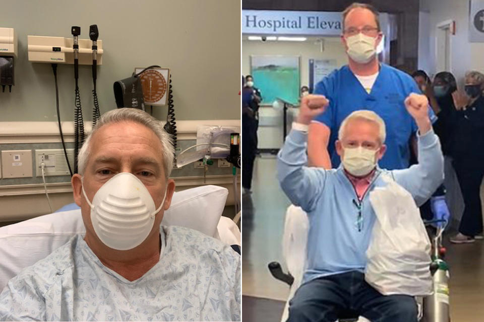 Left: Bill Clark in the ER of Emory St. Joseph’s Hospital, before he was admitted for suspected COVID-19 on April 15 | Right: After completing a remdesivir clinical trial, Clark celebrates his discharge to the Rocky theme on April 19 | Courtesy Bill Clark