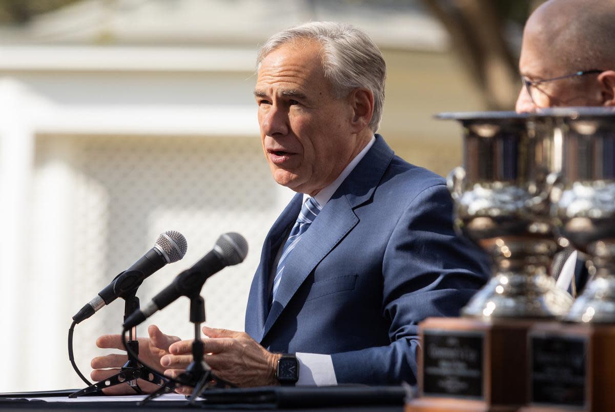 Gov. Greg Abbott makes an economic development announcement on Mar. 1, 2024. The press conference took place in front of the Governor's Mansion.