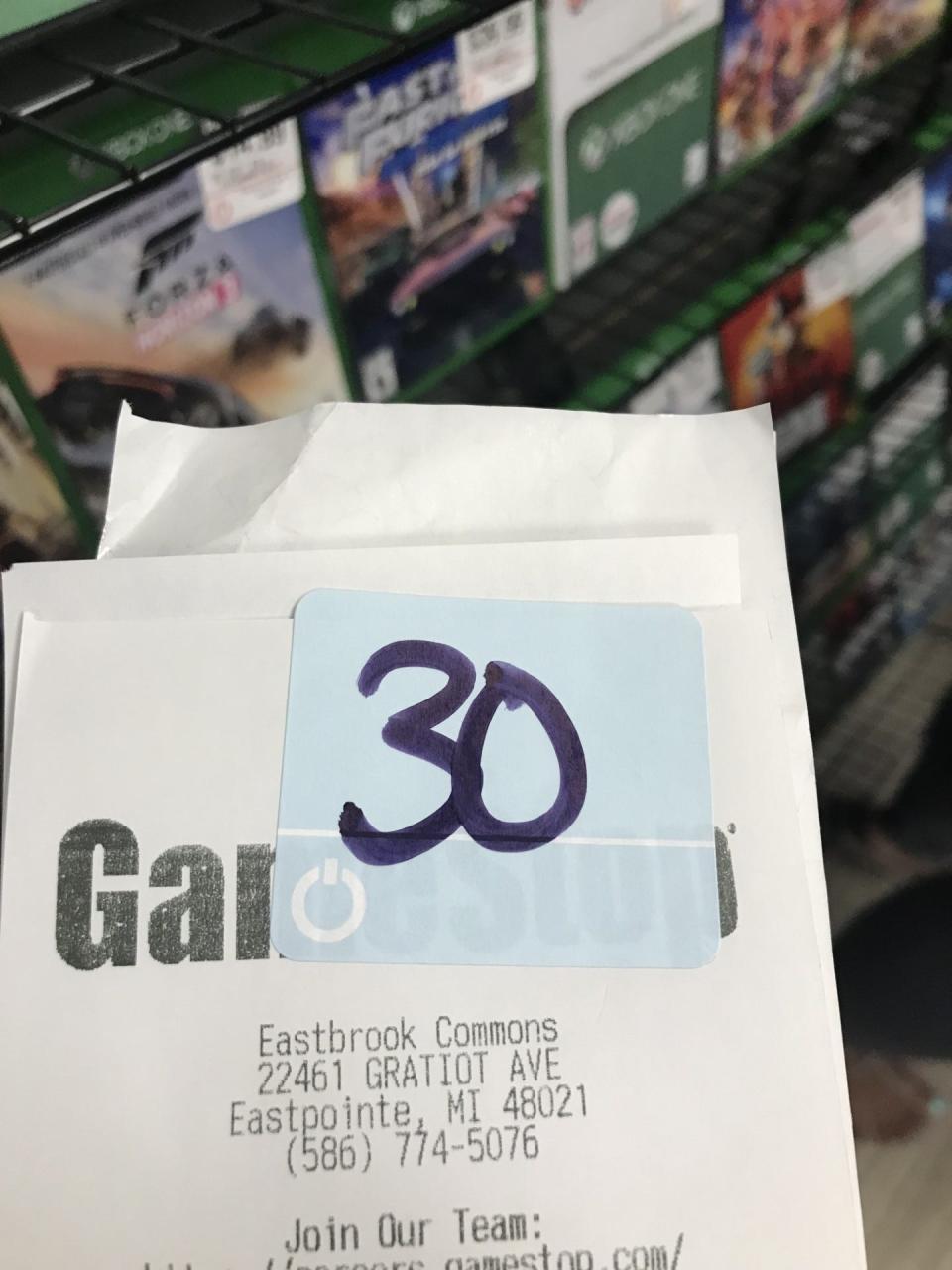 Receipt bearing the number '30,' which marked Free Press Staff Writer Christina Hall's number in line to pick up her son's copy of the new 'The Legend of Zelda: Tears of the Kingdom' video game.