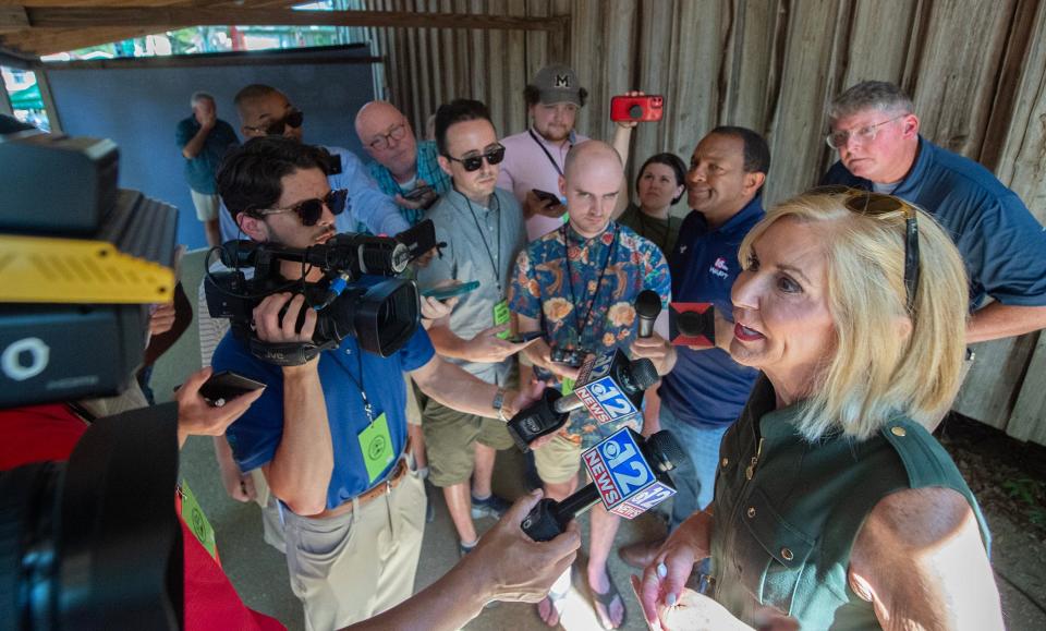 Incumbent candidate Lynn Fitch, Republican candidate for attorney general, addresses media after speaking in the pavilion in Founders Square at the Neshoba County Fair in Philadelphia in this file photo from Wednesday, July 26, 2023.