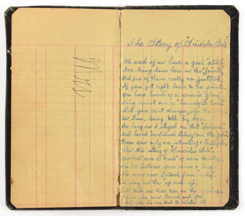 In this July 23, 2019, photo provided by RR Auction, a book of poetry belonging to Bonnie Parker is shown. A book of poetry handwritten by Parker and a watch belonging to Clyde Barrow are among items from the outlaw Texas couple being offered at auction. (AP Photo/RR Auction, Nikki Brickett)