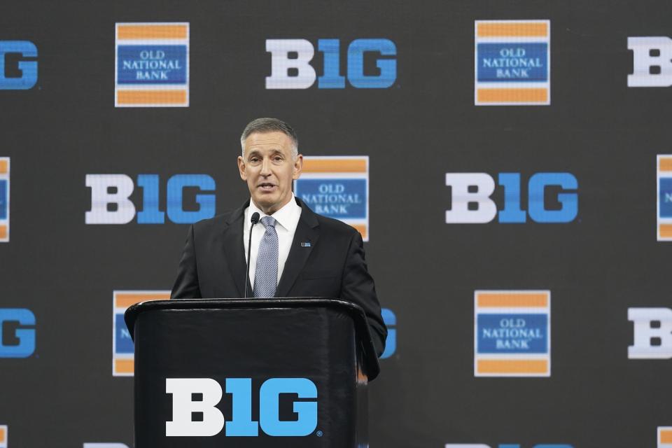 Big Ten Conference Commissioner Tony Petitti speaks during an NCAA college football news conference at the Big Ten Conference media days at Lucas Oil Stadium, Wednesday, July 26, 2023, in Indianapolis. (AP Photo/Darron Cummings)