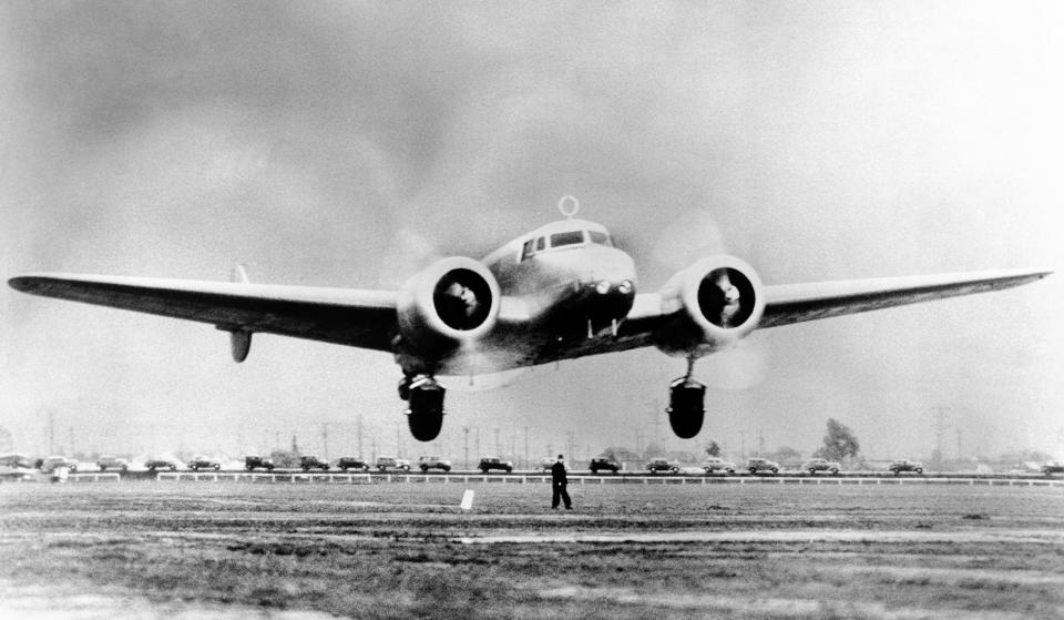 Amelia Earhart's plane rising into the air after a 4,000-foot run at the start of the flight from Oakland, California, on March 17, 1937.