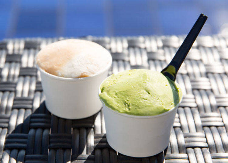▲採訪當天有提供近江和紅茶口味的義式冰淇淋（左）。採用當地牧場「古株牧場」的牛奶製作，香甜溫和的好滋味