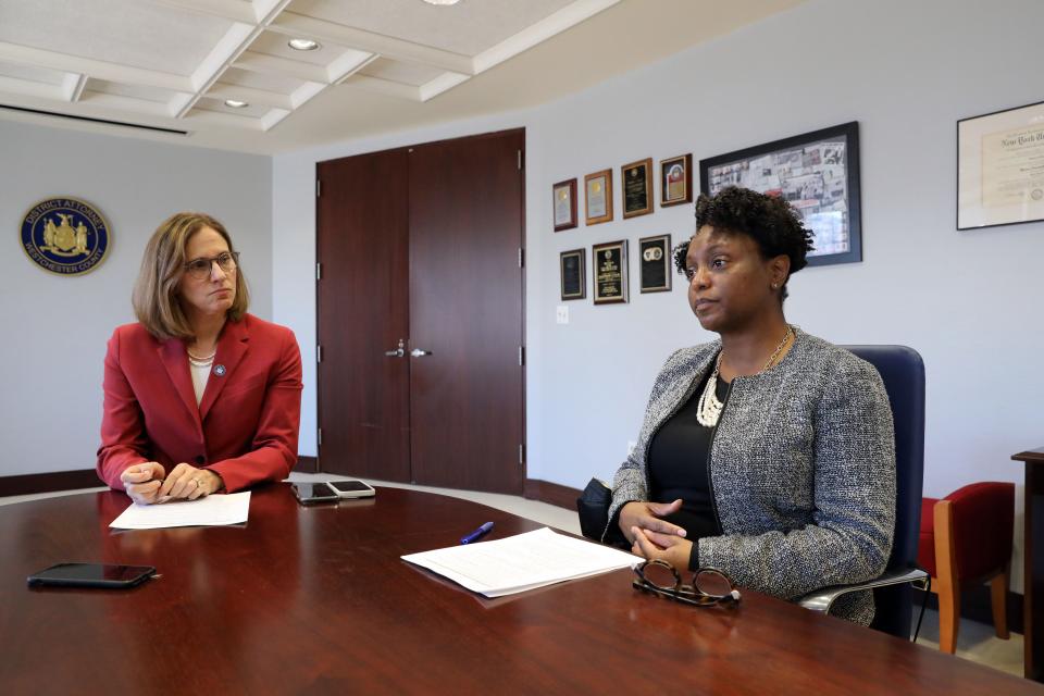 Westchester District Attorney Mimi Rocah, left, and Senior Assistant District Attorney Emily Rowe-Smith, who is also the Wage Theft Coordinator, discuss wage theft cases in Rocah's office Feb. 1, 2023 in White Plains.