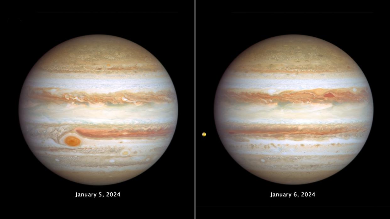  Two images of an orange-ish planet, showing a large red spot in its southern hemisphere. the spot is smaller in the image on the right. 