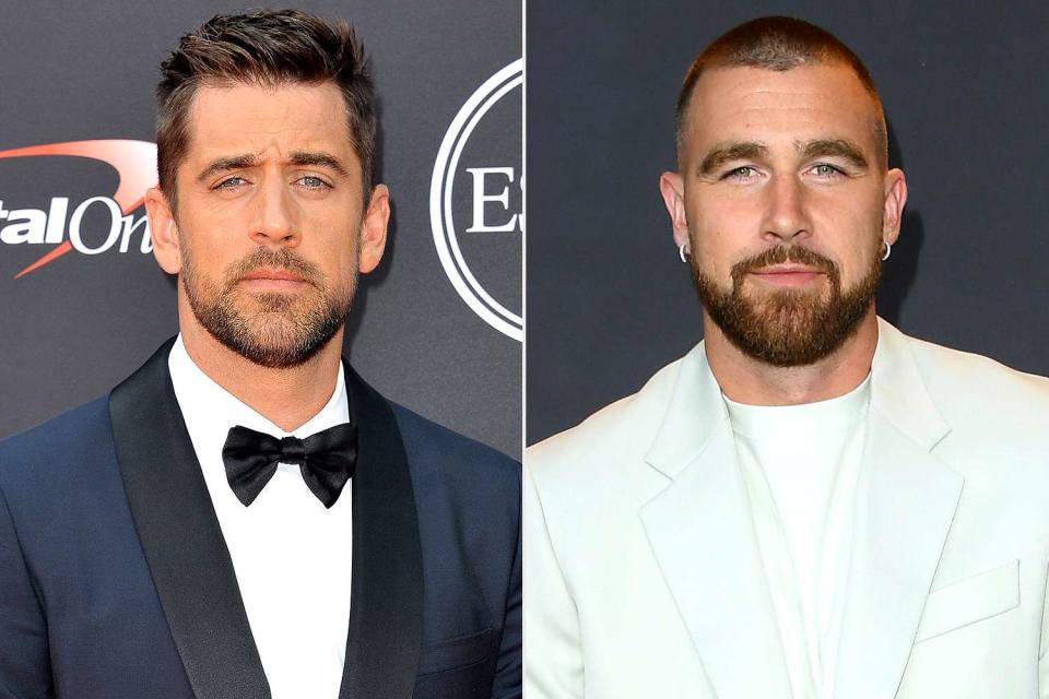 <p>Allen Berezovsky/FilmMagic; Steve Granitz/FilmMagic</p> Aaron Rodgers, Travis Kelce