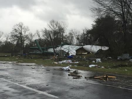 Debris from a damaged water tower is shown in this handout photo provided by Assumption Parish Sheriff's Office, west of New Orleans, Louisiana, February 23, 2016. REUTERS/Assumption Parish/Handout via Reuters