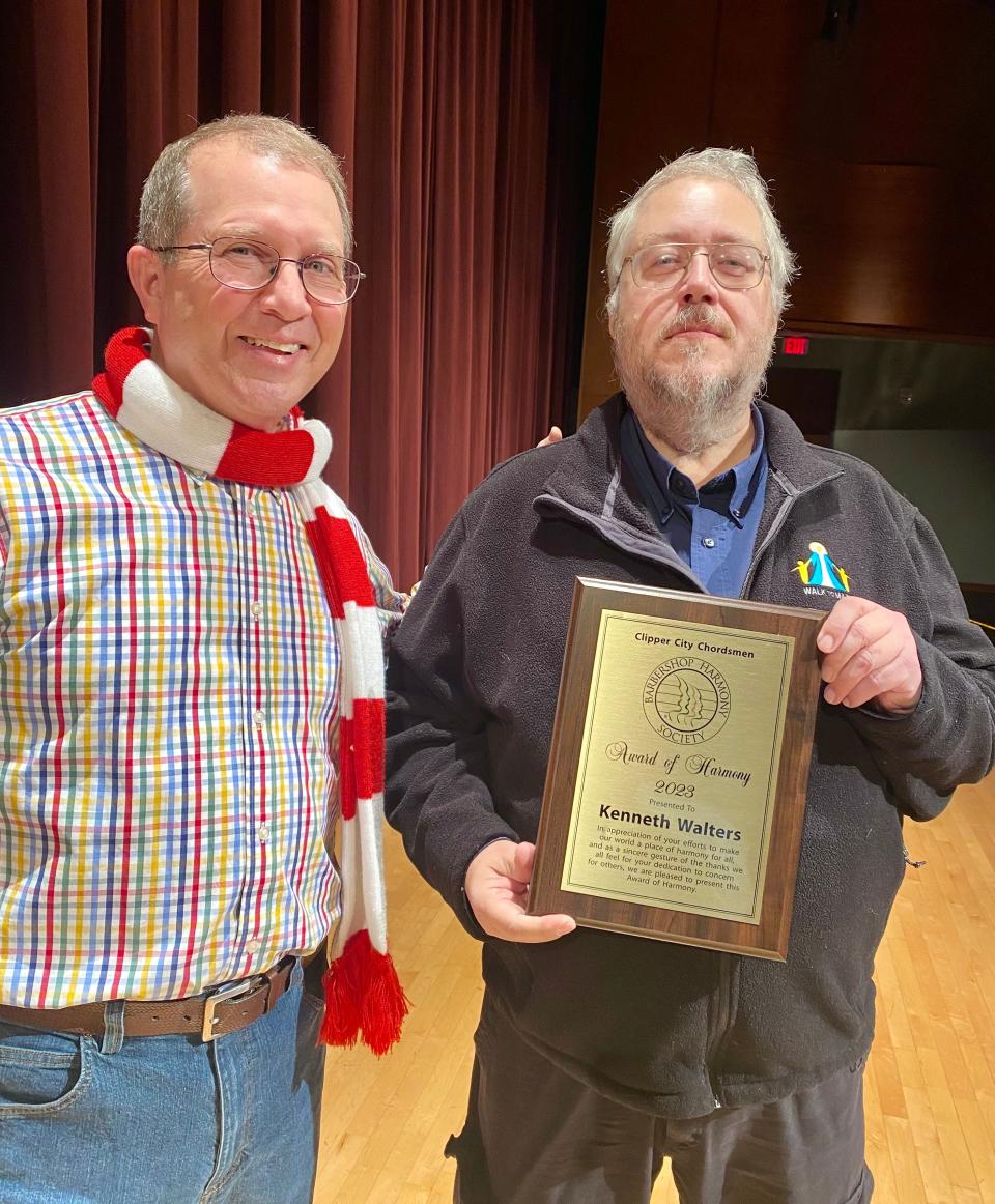 Clipper City Chordsmen's Don Lewellen (left) with Ken Walters, 2023 Harmony Award winner.