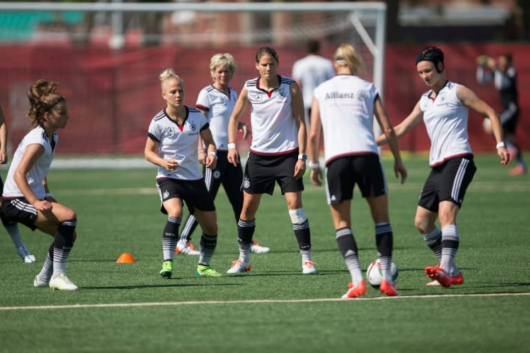 German players warm up during a training session at the FIFA Women's World Cup in Edmonton, Canada on July 2, 2015