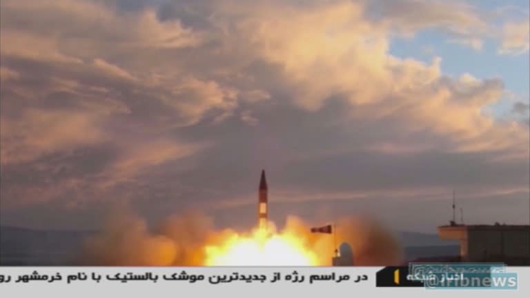 A TV grab taken on September 23, 2017 from the Iranian Republic Islamic Broadcasting (IRIB) shows a Khoramshahr missile being launched from an undisclosed location as Iran said it had successfully tested a new medium-range missile