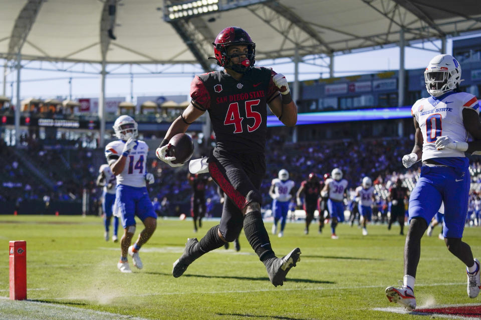 FILE - San Diego State wide receiver Jesse Matthews (45) runs to the end zone for a touchdown during the first half of an NCAA college football game against Boise State in Carson, Calif., Nov. 26, 2021. SDSU is coming off a school-record 12-2 season and No. 25 finish in The AP Top 25. (AP Photo/Ashley Landis, File)