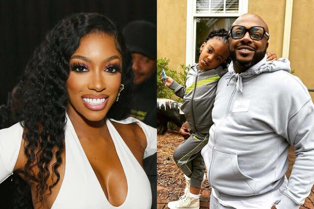 A side-by-side of Porsha Williams next to an Instagram photo of Dennis McKinley holding their daughter Pilar