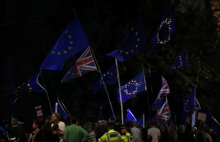 Anti-Brexit protesters attend a demonstration outside the Houses of Parliament, in London