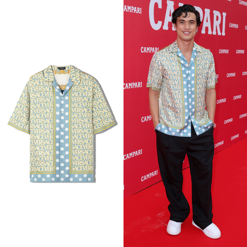 Charles Melton next to a shirt that he was wearing at Cannes Film Festival