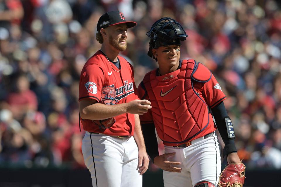 Guardians catcher Bo Naylor and pitcher Tanner Bibee on the mound in the first inning against the Detroit Tigers in Game 1 of the ALDS, Oct. 5, 2024, in Cleveland.