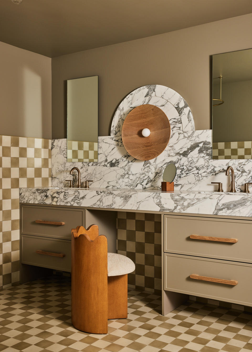 built-in makeup counter vanity desk in marble bathroom by Sarah Sherman Samuel