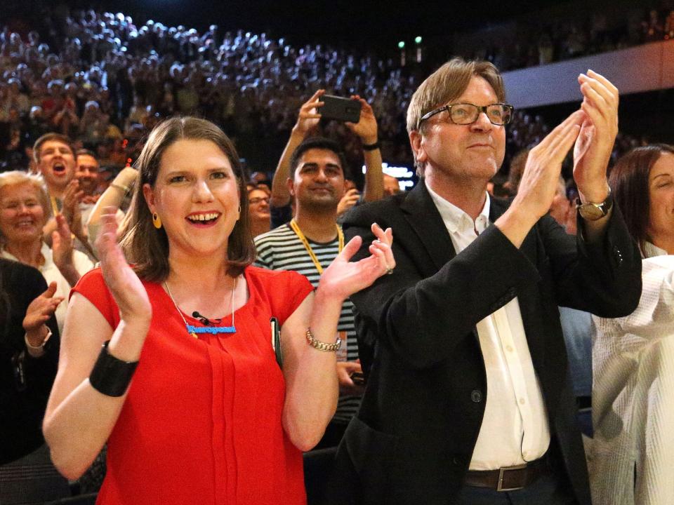 Liberal Democrat leader Jo Swinson with European Parliament's Brexit co-ordinator Guy Verhofstadt during the Liberal Democrats autumn conference at the Bournemouth International Centre. (PA)