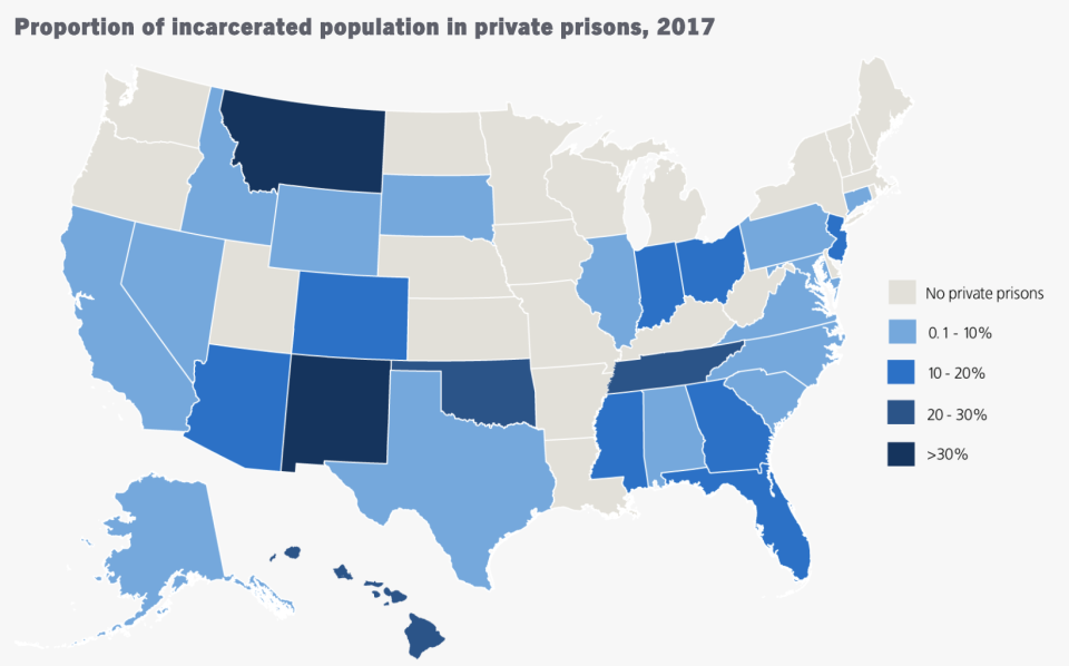 New Mexico and Montana have the highest shares of for-profit prisons. (Map: The Sentencing Project)