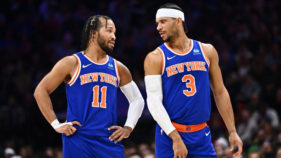 New York Knicks guard Jalen Brunson (11) reacts with guard Josh Hart (3) against the Philadelphia 76ers in the second quarter at Wells Fargo Center