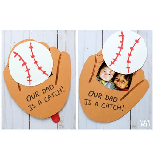 a baseball glove shaped card with a photo that says our dad is a catch
