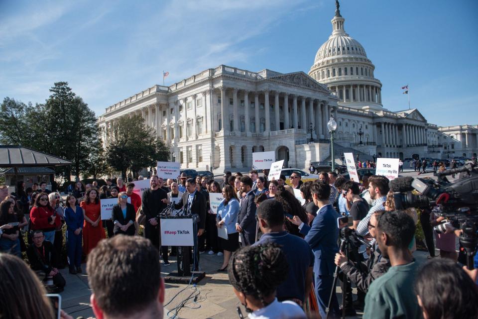 Democratic Representatives hold a press conference objecting to the banning of TikTok.