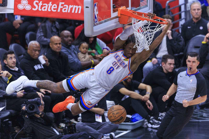 Oklahoma City Thunder player Jalen Williams dunks the ball during the NBA basketball match between Oklahoma City Thunder and Los Angeles Clippers at Crypto.com Arena. Ariana Ruiz/PI via ZUMA Press Wire/dpa