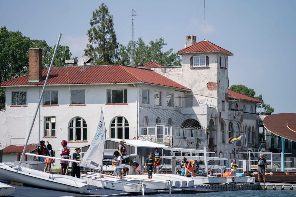 Detroit Community Sailing Center members are teaching young students how to sail as part of their Challenge the Wind program on Thursday, July 20, 2023, from the banks of the Belle Isle Boat House. Challenge the Wind was started by the Detroit Community Sailing Center, which teaches youths ages 10-17 how to sail. The emphasis is on water safety and STEM to help increase access to Detroit's waterways for youths who would otherwise not get the opportunity.