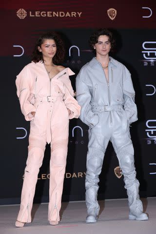 Zendaya and Timothée Chalamet Twinned in Matching Blue-and-Pink Leather ...