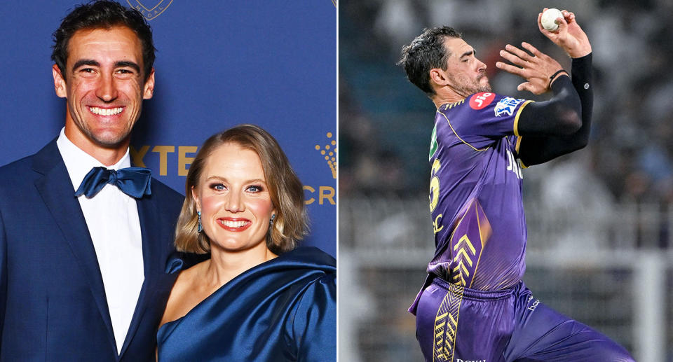 Pictured left is Mitchell Starc and wife Alyssa Healy and bowling in the IPL on the right.