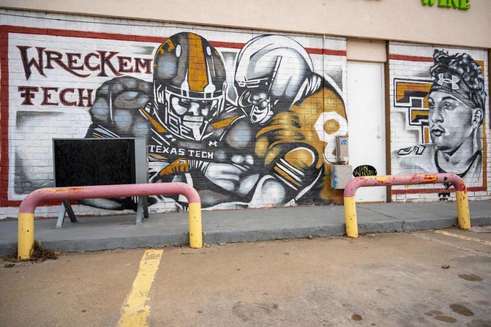 A mural featuring Kansas City Chiefs quarterback Patrick Mahomes created by local muralist Joey Martinez is seen on Tuesday, Feb. 6, 2024, in Lubbock, Texas.